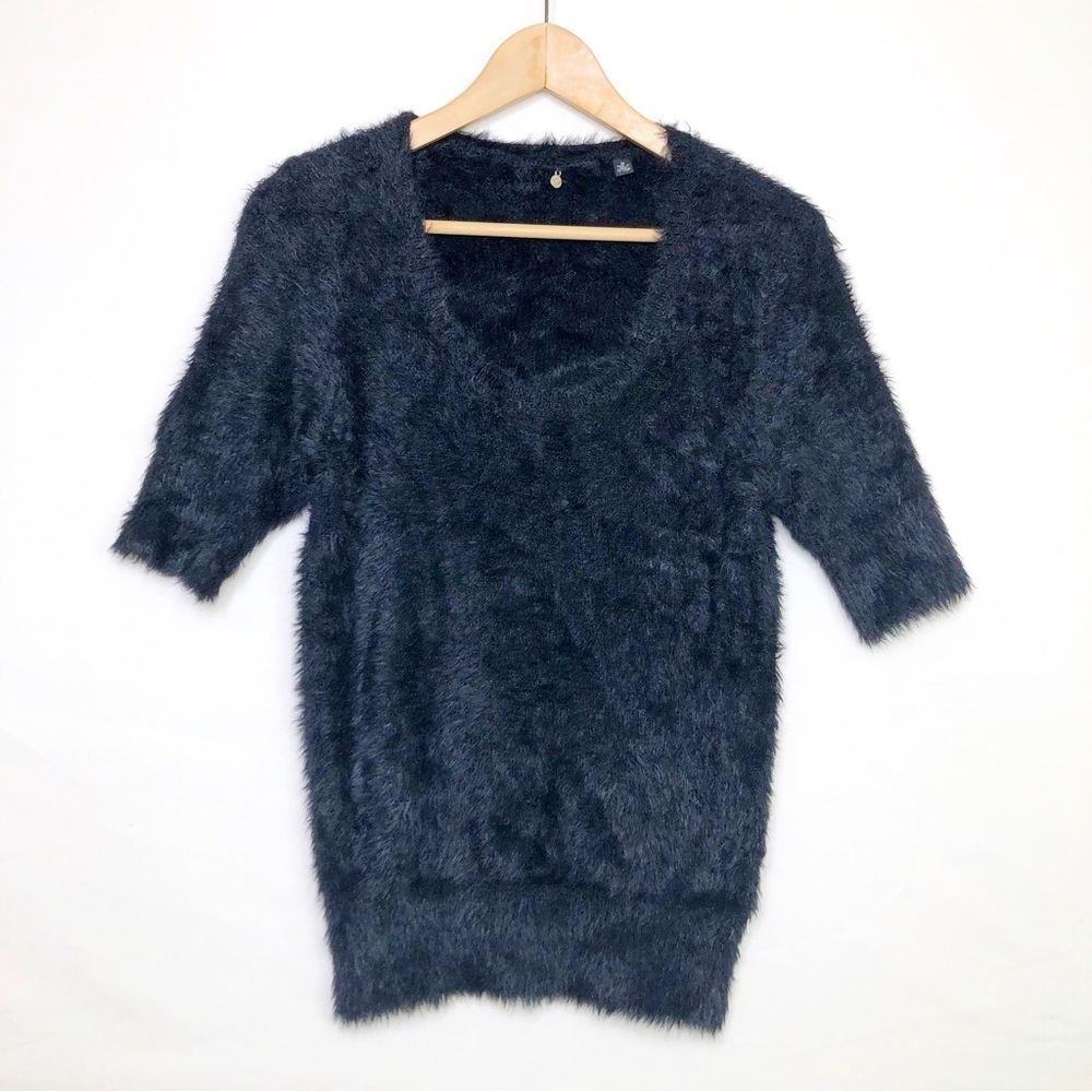 Knitted and knotted black, eyelash, scoop, neck sweater